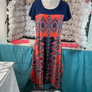 NY Collection Navy and Orange Patterned Dress